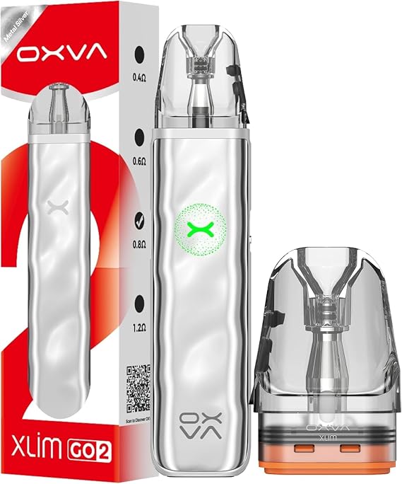 OXVA Xlim Go 2 Pod Kit 30W- 1500mAh Fast-Charging Battery, Adjustable Airflow, 2ml Leak-Resistant Pod, Compatible with Xlim V3 & EZ Pods, MTL & RDL Vaping- Nicotine Free (Metal Silver Kit)