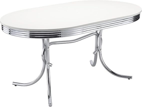 Coaster Home Furnishings Retro 1950s Soda Fountain Diner Oval Dining Room Table White Laminate Top Sturdy Steel Chrome Base 2065