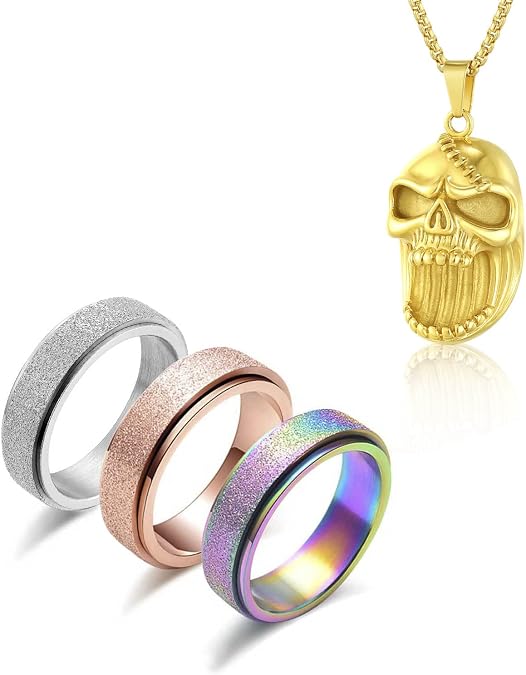 Womens Spinner Ring for Anxiety and Skull Bottler Opener Necklace for Men