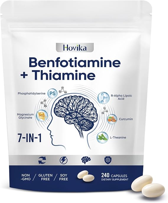 Vitamin B1 Benfotiamine 300mg with R-ALA 600mg & Thiamine - Advanced Nerve Support Supplement with Phosphatidylserine, L-Theanine, Turmeric & Magnesium - Non-GMO, Gluten Free, 240 Capsule