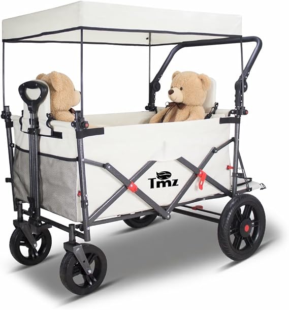 TMZ Collapsible Wagon with 2 Foldable Seats, Folding Cart with Removable Canopy, Heavy Duty Wagon 265LBS Load Capacity for Camping Garden Shopping (Beige)