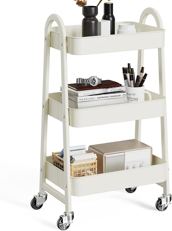 OLIXIS Metal Utility Cart, Mobile Rolling Storage Shelf with Lockable Caster Wheels, Organization for Livingroom, Bathroom & Narrow Places, 3 Tiers White