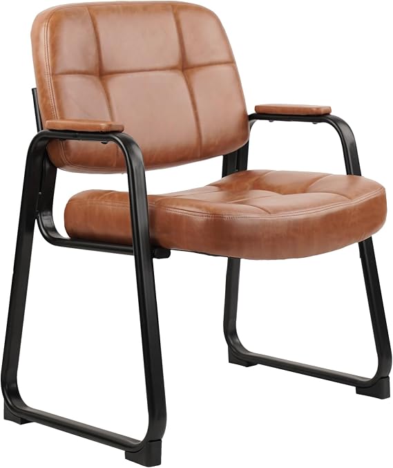 CLATINA Big & Tall 500 lb Waiting Room Chairs with Padded Armrests and Sled Base, Leather Stationary No Wheels Office Guest Chair for Reception Lobby Home and Meeting Conference, Brown