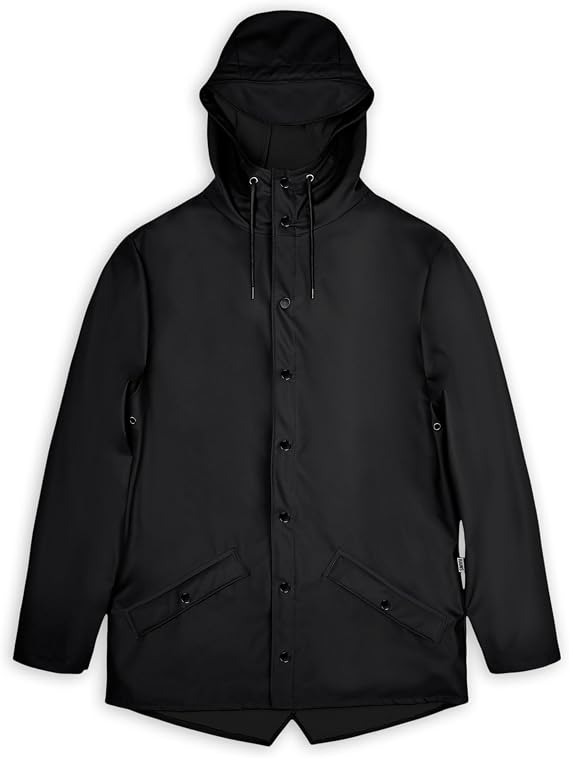 RAINS Waterproof Jacket Hooded Lightweight Raincoat, Men and Women | Waterproof PU rain jacket for men and women; 5000 mm water column, welded seams, hood with cap, snap placket, fishtail hem