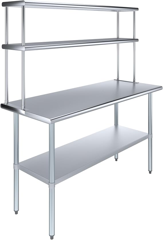 Stainless Work Table with Wide Double Tier Overshelf | Metal Kitchen Prep Table & Shelving Combo