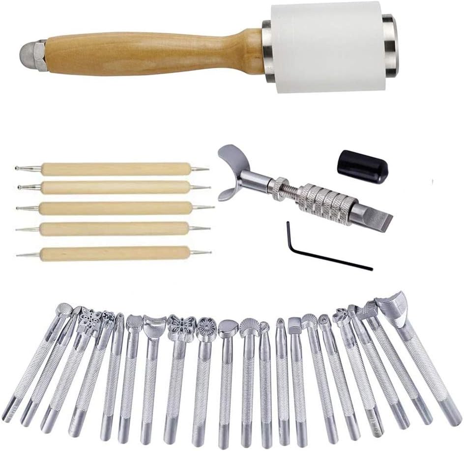 BANYOUR 20 PCS Leather Stamping Tool Leather Carving Working Saddle Making Tools DIY Leather Craft Stamps Set DIY Hammer Swivel Knife