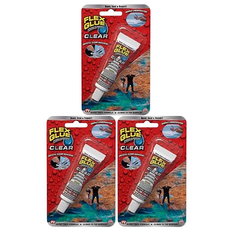 Flex Glue Rubberized Waterproof Adhesive, Clear, 0.6 oz Mini Tube, 3-Pack