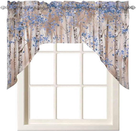 Blue Abstract Tree Swag Valances for Windows, Contemporary Forest Painting Smear Art Swag Kitchen Curtain Valances Rod Pocket Small Window Curtain for Cafe Bathroom Bedroom Drapes 56"x36"
