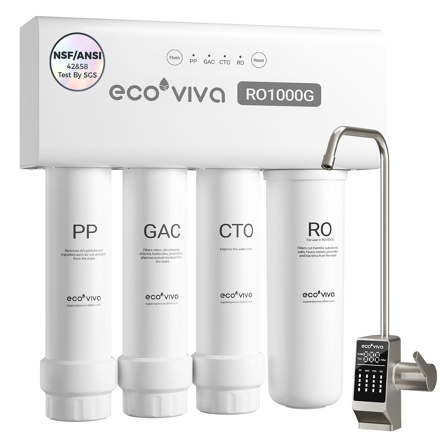 Ecoviva 1000GPD UnderSink Reverse Osmosis Water Filter RO Tankless Filtration System, Alkaline Water pH, 8-Stage Filtration, Meet NSFANSI 58 Standard, 3:1 Pure-to-Drain Filter, With LED Smart Faucet