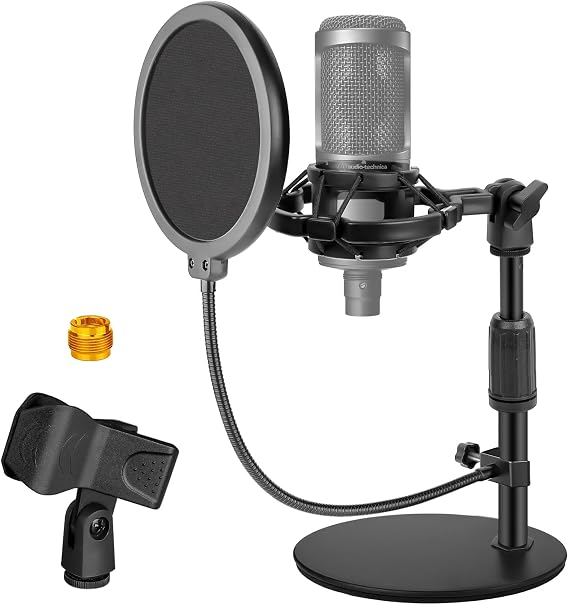 Mic Stand Desk Adjustable Desktop Microphone Stand with Stable Metal Base, Shock Mount, Pop Filter, Mic Clip, and Mic Adapter for AT2020, HyperX QuadCast, Blue Yeti, Shure SM58