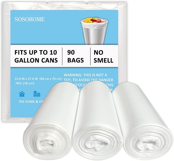 10 Gallon Trash Bags - 18 Micron Ultra Thick Strong Clear Medium Size Garbage Bin Liners for Office Kitchen, Fit 8-10 Gallon, 90 Count