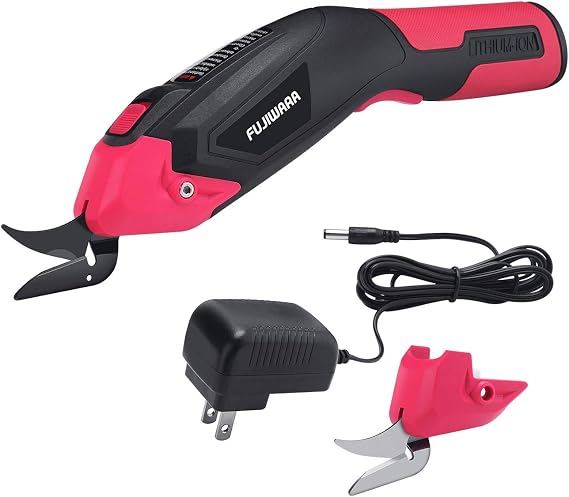 FUJIWARA Electric Scissors, 1 Rechargeable Lithium Battery and 2 Cutter Blades, Cordless Shears Cutting Tool for Fabrics/Canvas/Carpets/Leather/Cardboard/Other Thin Materials Red