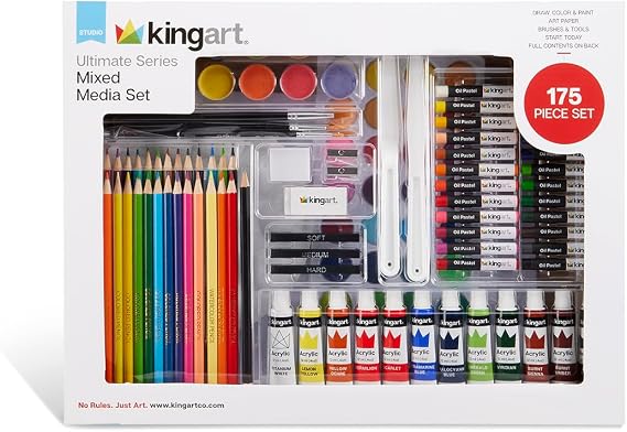 KINGART Ultimate Series 175 Piece Mixed Media Art Set, Colored Pencils, Oil Pastels, Acrylic Paints, Brushes