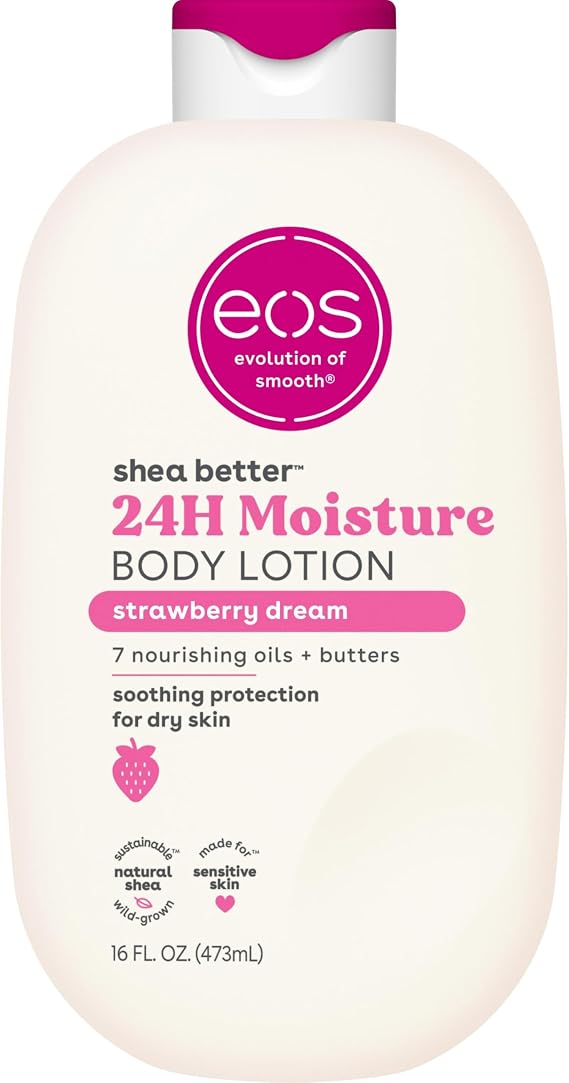 eos Shea Better Body Lotion Strawberry Dream, 24-Hour Moisture Skin Care, Lightweight & Non-Greasy, Made with Natural Shea, Vegan, 16 fl oz