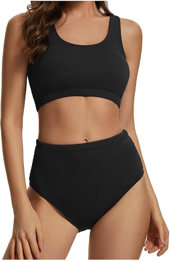 Women Two Piece Scoop Neck Bikini Set Criss Cross Back Crop Top Swimsuit Sporty Modest High Waisted Bathing Suit