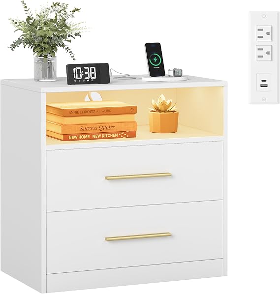 VASAGLE 23.6 Nightstands, LED Lights, Charging Station, 2 Drawers