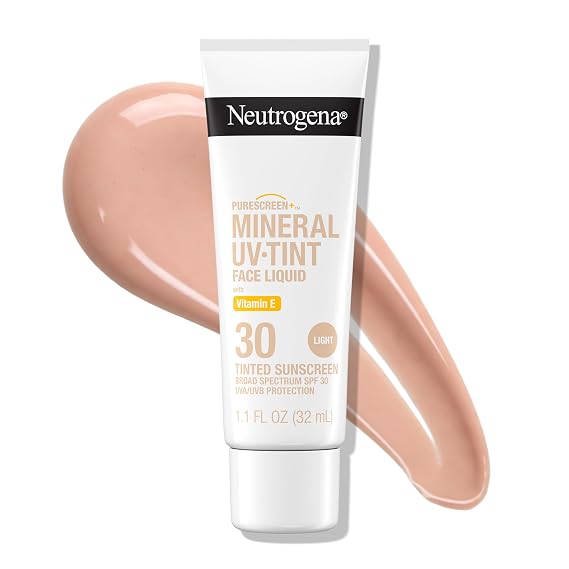 Neutrogena Purescreen+ Mineral Tinted Sunscreen SPF 30, Light, 1.1 fl oz | Tinted Sunscreen For Face, Zinc Oxide & Vitamin E, Broad Spectrum, Water Resistant (80 min), Fragrance Free