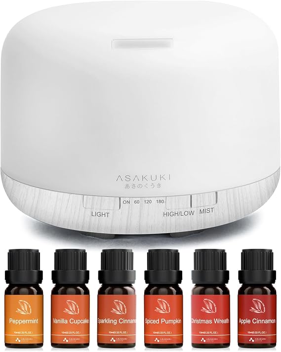 ASAKUKI Essential Oil Diffuser 500ml with Warm Bliss Essential Oil Blends Set 6x10 ml