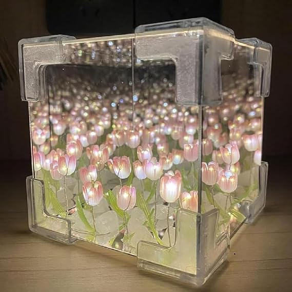 Blossom Box DIY Tulip Mirror Cube Lamp - Handmade Flower Night Light, Desk Lamp for Women's Bedside, Home Decor (Pink)