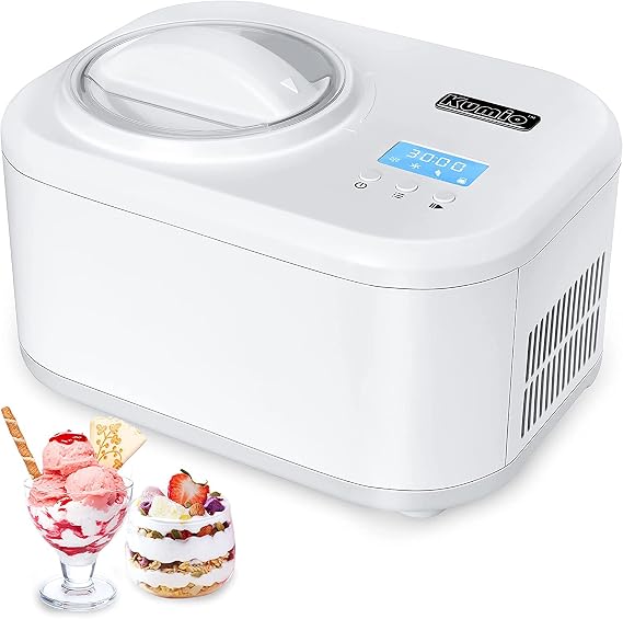 KUMIO Ice Cream Maker with Compressor, No Pre-freezing Ice Cream Machine, Gelato Sorbet Frozen Yoghurt Maker with LCD Display & Timer, Detachable Mixing Paddle & 1L Bowl & Clear Lid, 100W, White