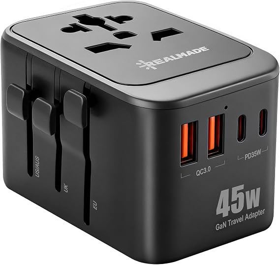 Realmade 45W PD Travel Adapter 5-Port 1AC 2USB-A 2USB-C EU Plug Black Gray | All-in-one international power adapter, travel essential for US EU UK overseas trips