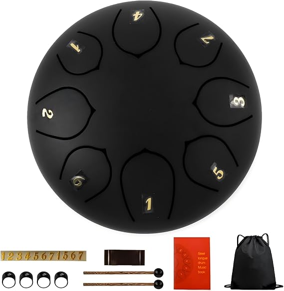 YAYUZEST Rain Chime Drum - 8 Note 6.5 Inch Rain Drum for Outside Garden, with Bag, Music Book, Drumsticks, Mallet Holder and Finger Paddles, Steel Tongue Drum for Gift Yoga Education (Black)