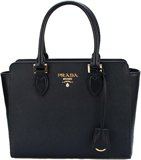 Prada Women's Saffiano Black Leather Shoulder Tote Handbag Medium 1BA113