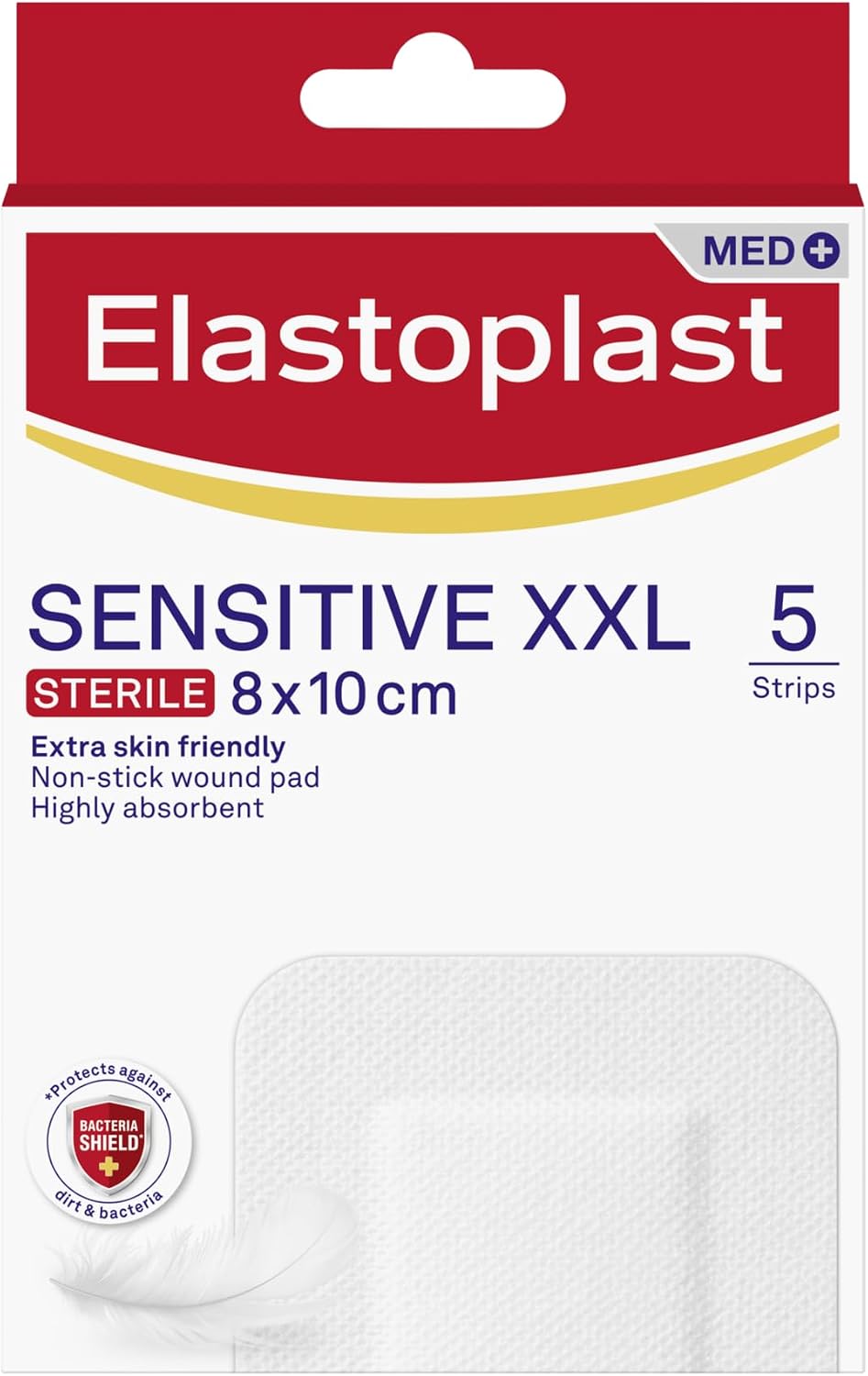 Elastoplast Sensitive XXL Med Dressings 5 Strips, Pack of First Aid Plasters, Larger Everyday use for Post-Operative Wounds, Skin-Friendly Sterile Dressings for Wounds, 0% Latex, Clear