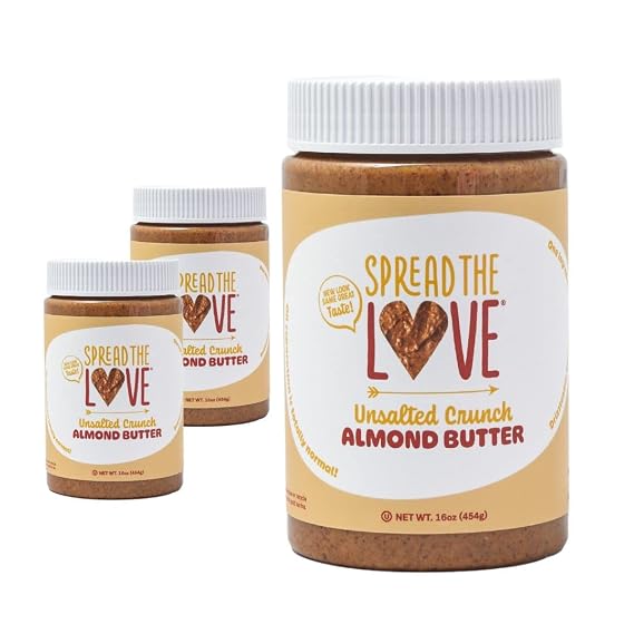 Spread The Love UNSALTED CRUNCH Almond Butter, 16 oz Jar, 3 Pack
