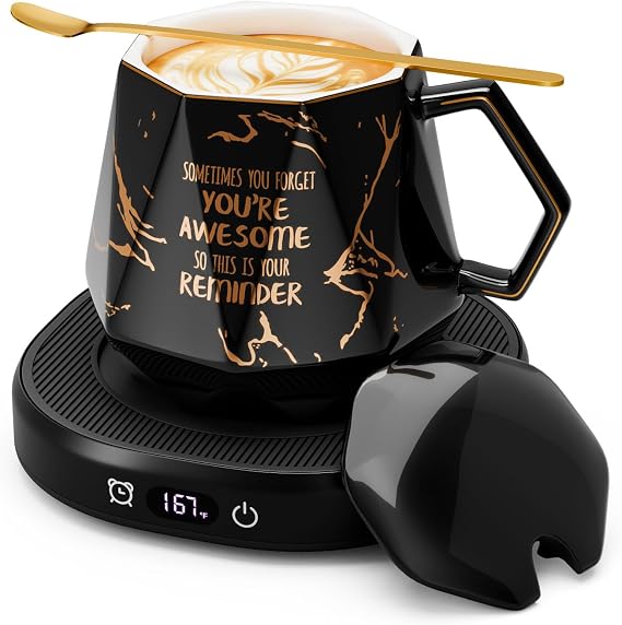 Coffee Mug Warmer Set Smart Heated Electric Tea Coffee Cup Warmer for Desk | Coffee Warmer with Mug Set, Beverage Candle Heater, 4 Temperature Control 8 Hours Auto Shut Off, Coffee Gifts for Men Office