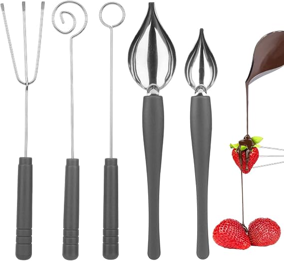 Culinary Decorating Spoons Candy Dipping Tools Set, 2 Dessert Drawing Decorating Spoon + 3 Different Shape Chocolate Dipping Fork for Decorating Plate/Cake/Coffee/Pastry (Silver+Grey)