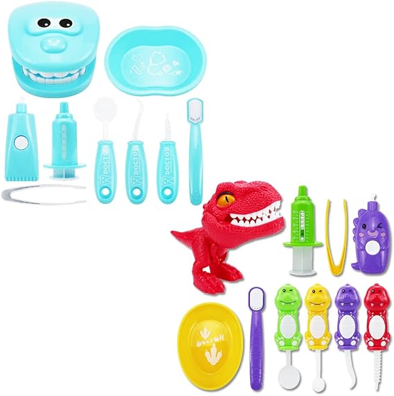 Bundle 19PCS = 9PCS Plastic Simulation Dentist Play Set (Light Blue) + 10PCS Plastic Dinosaur Simulation Dentist Play Set (Mixed Colors)