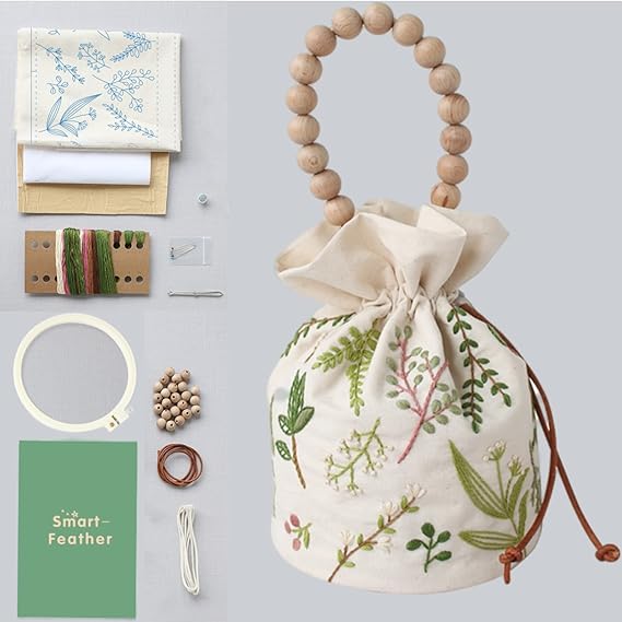 Smart-Feather Embroidery Drawstring Bag Kits with Patterns, Needlepoint Sewing Handbag Kit for Beginners, Embroidery Start Kit with Hoop