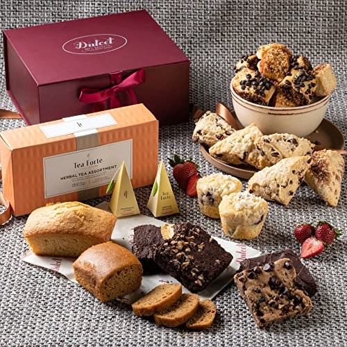 Deluxe Tea and Food Gift Basket Gourmet Present Featuring Old Fashioned Scones, Cheese Brownie, Fudge and Brownie, Muffins, and more plenty to please a crowd. by Dulcet Gift Baskets