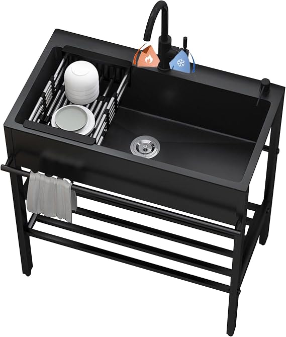 Free Standing Kitchen Sink with Hot and Cold Tap,Black Stainless Steel Outdoor Utility Sink,Laundry Room Cabinet for Hand Washing, for Garage Indoor Kitchenette