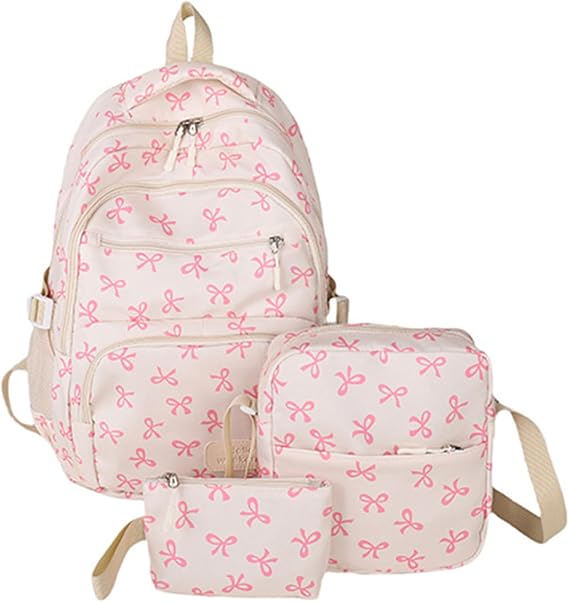 3PCS Bow School Bags for Girls, Cute Girls Backpack for School, Crossbody Bag, Small Bag Set, Kawaii Rucksack Aesthetic Coquette Style Daypack for Teens Kids, Primary, Secondary Middle School
