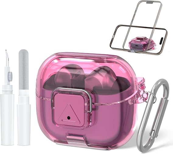 Secure Lock Case for Galaxy Buds 3 FE (2025) /Galaxy Buds 3 Pro (2024) | Phone Stand Design | Soft TPU | Shockproof Protective Cover for Samsung Buds 3 Earbuds w/Cleaning Pen & Keychain (Clear Pink)