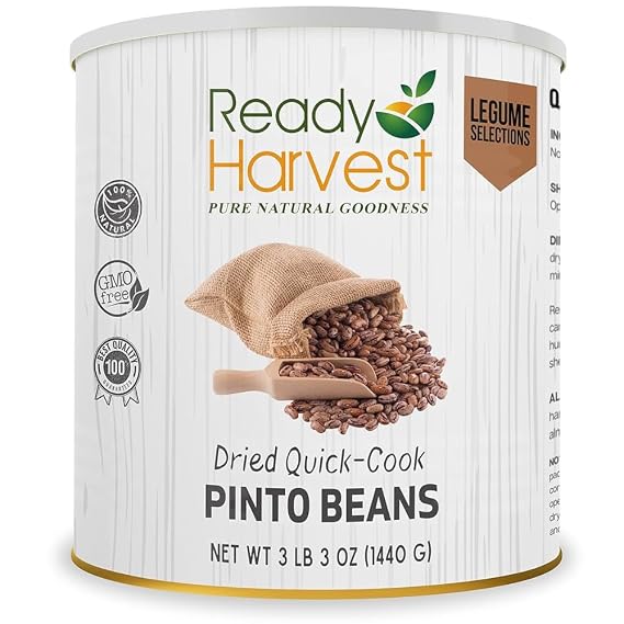 Ready Harvest Emergency Food - Quick-Cook Pinto Beans |Pre-cooked Beans, Just add hot Water | #10 Can | 25-Year Shelf Life | 3 lbs | Cans Filled to the Top