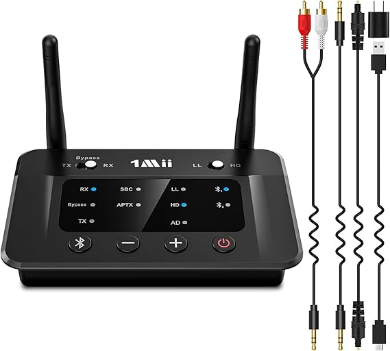 1Mii B03 Bluetooth 5.3 Transmitter Receiver for TV Home Stereo, aptX Low Latency/Adaptive/HD Wireless Audio Adapter to 2 Headphones, Volume Control, Optical RCA AUX Output/Input, Soundbar Passthrough