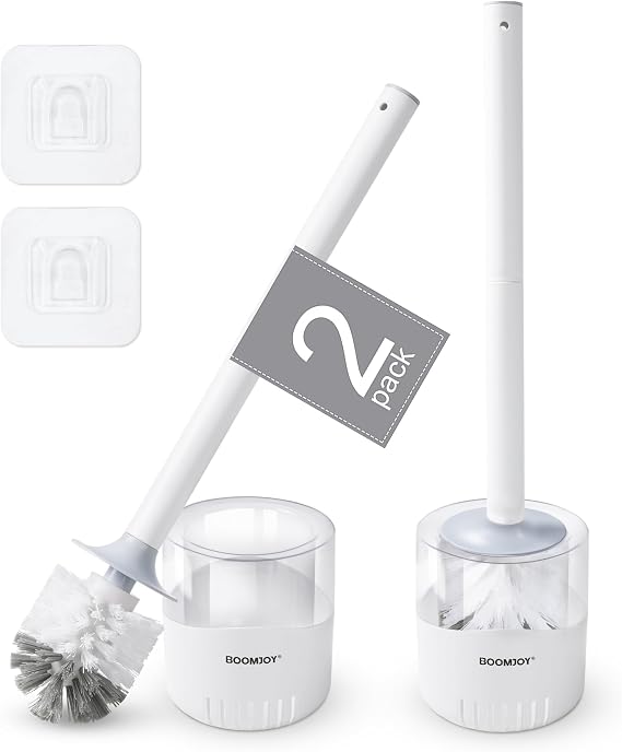BOOMJOY Toilet Bowl Brush and Holder, 2 Pack Toilet Brush and Holder Set with Dense Bristles for Bathroom Deep Cleaning, Household Cleaning Accessories, Easy to Assemble, Clear