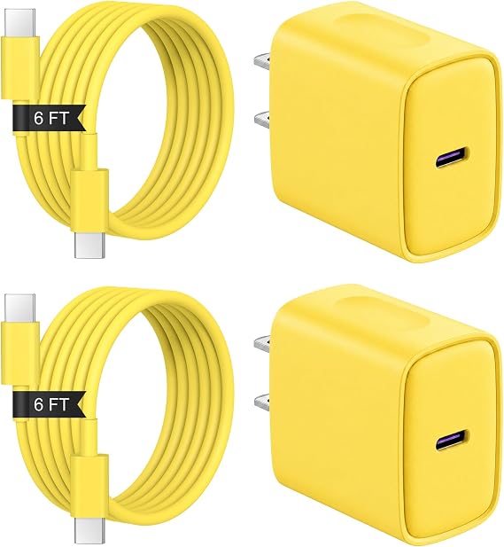 iPhone Duo 18 17 16 15 Charger 2+2Pack USB C Charger with 6FT Cable -Yellow