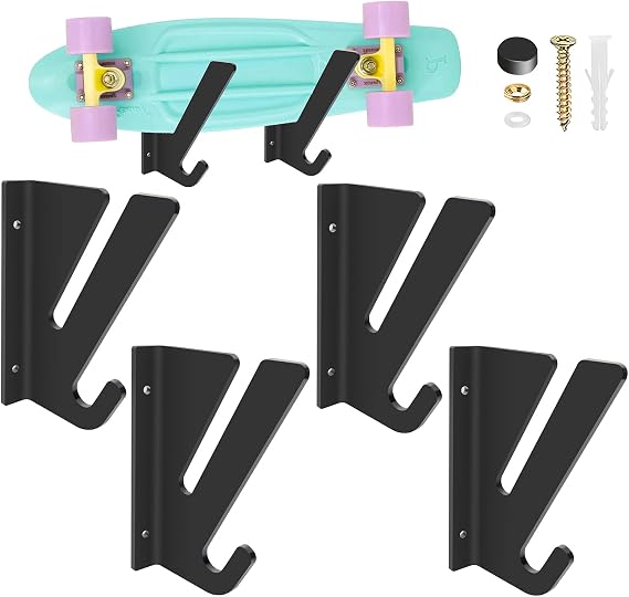Skateboard Rack Wall Mount, Skateboard Storage Rack, Skateboard Holder, Load Bearing Skateboard Rack, Horizontal Space Saving Design for Longboard Penny Board Skis Skateboard Shelf