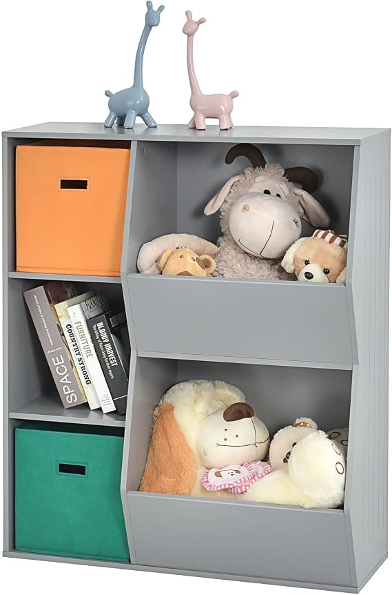 5-Cube Kids Toy Storage Cabinet, Freestanding Children Bookcase w/ 2 Foldable Storage Bins, Open Multi-Purpose Storage Display Organizer for Kids Room, Play Room, Hallway, Nursery