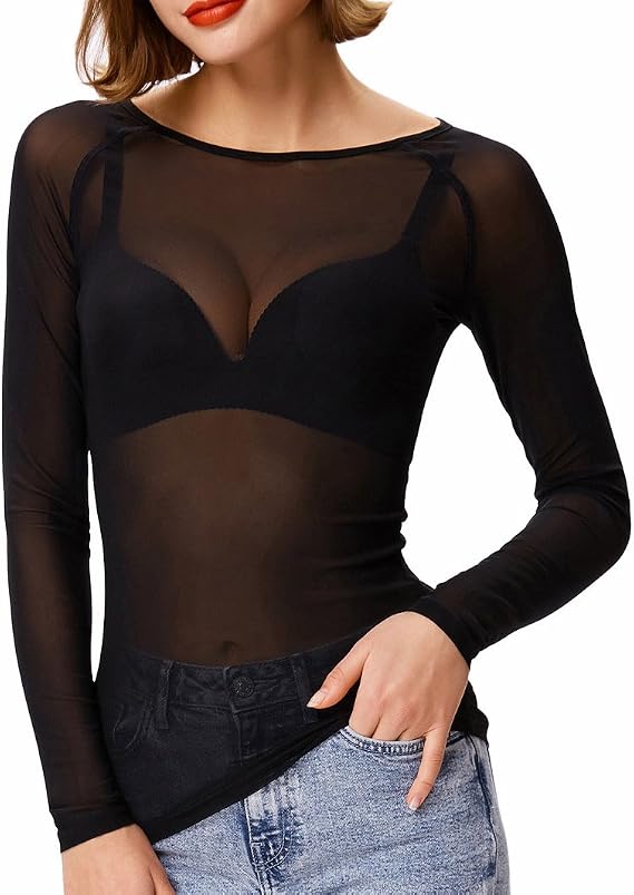 Kate Kasin Womens Mesh Tops Long Sleeve Sheer Shirts