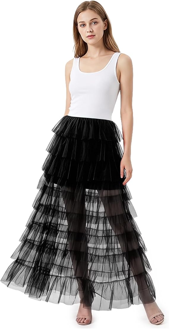 Womens Ruffle Tulle Skirt Victorian Steampunk Bustle Mesh Layered Tutu Maxi Skirt Detachable Cocktail Party Beach Outfit