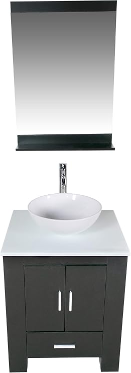 24" Freestanding Wooden Modern Bathroom Vanity Ceramic Sink Vessel Set Bathroom Mirror Included (Black)