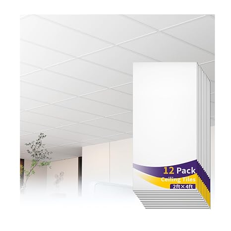 12 PCS 2x4 FT White Ceiling Tiles, 24x48 Inch PVC Waterproof Smooth Drop Ceiling Panels Fire-Rated Reusable Ideal for Bedroom Living Room Basement Bathroom Commercial Space Cover 96 Sq.Ft