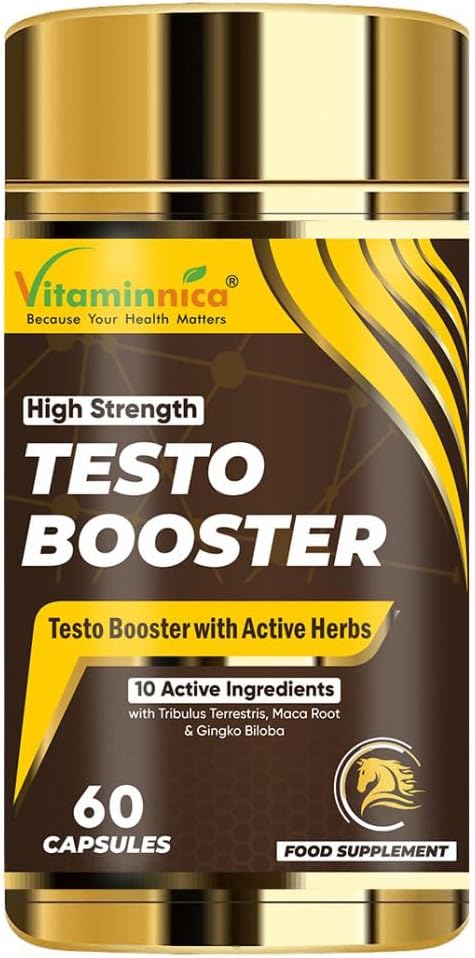 Vitaminnica Testo Booster Capsules - Natural Testosterone Support for Energy, Muscle Growth, Stamina & Vitality- Ashwagandha, Tribulus, Maca Root- 60 Capsules