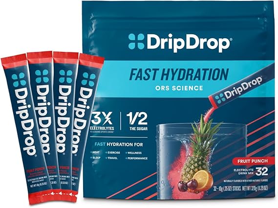 DripDrop Hydration Fruit Punch Electrolyte Packets, Drink Mix, 32 Count | Fruit Punch; 3X Electrolytes; Potassium, Magnesium, Zinc, Vitamin C; Single Serve; Portable; Daily Use, Workouts, Travel