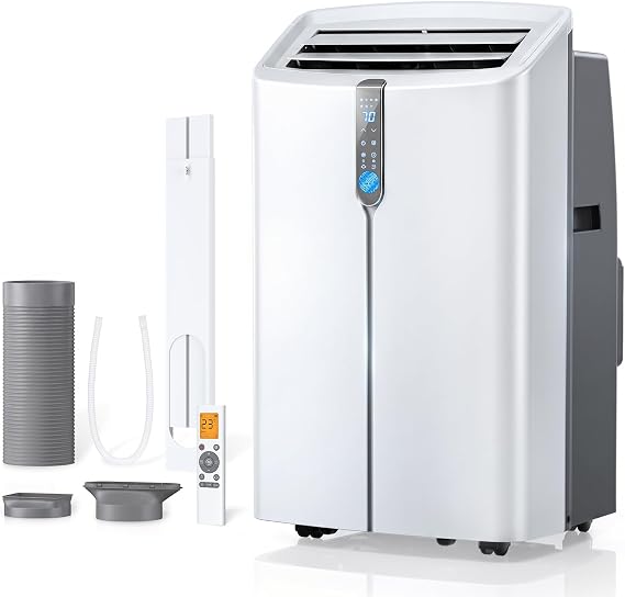 Smart Portable Air Conditioners, 12000 BTU AC Unit Cooling, Dehumidifier & Fan, Auto Evaporation, Touchscreen, Silent Sleep Mode Portable AC with Remote & Ventilation Kit, 45dB